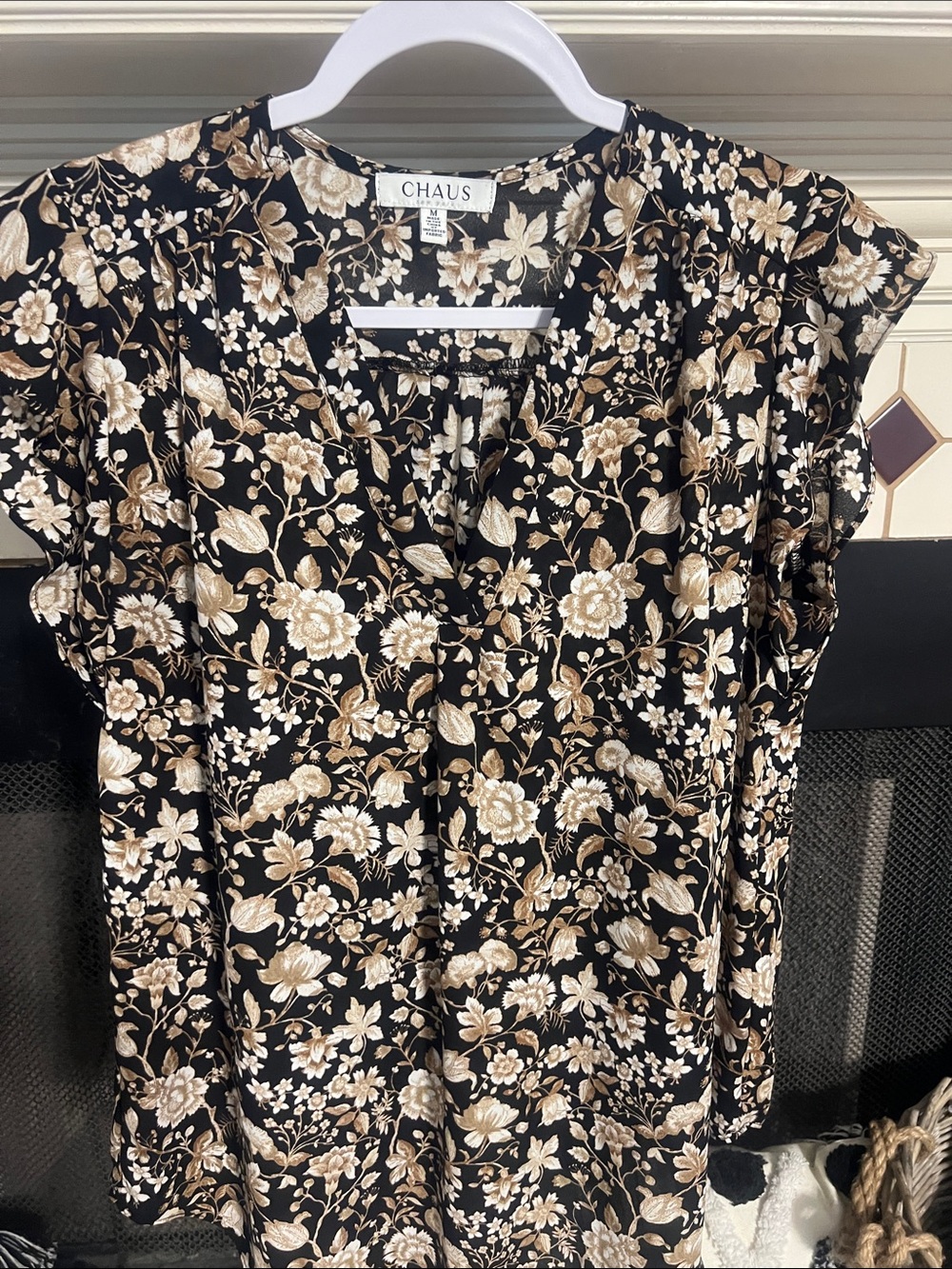 Chaus Black Floral V-Neck Sleeveless Blouse with Beige Botanical Print